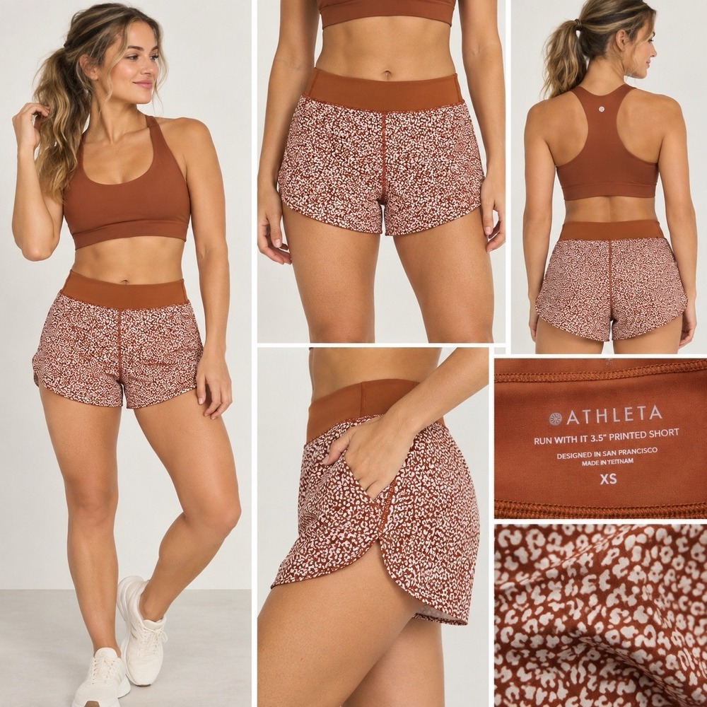 ATHLETA Run With It Printed 3.5" Shorts WOMENS XS Micro Cheetah Rust Orange